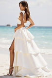 A Line White 2 Piece Satin Tiered Long Formal Dress with Slit